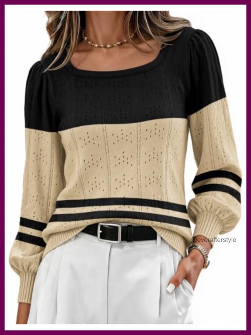 Women's Square Neck Puff Sleeve Tunic Sweater Viscose Knit Pullover